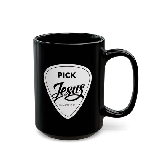 Pick Jesus Guitar Pick Ceramic Mug — Christian Guitar Pick Design (Romans 10:13) 15oz