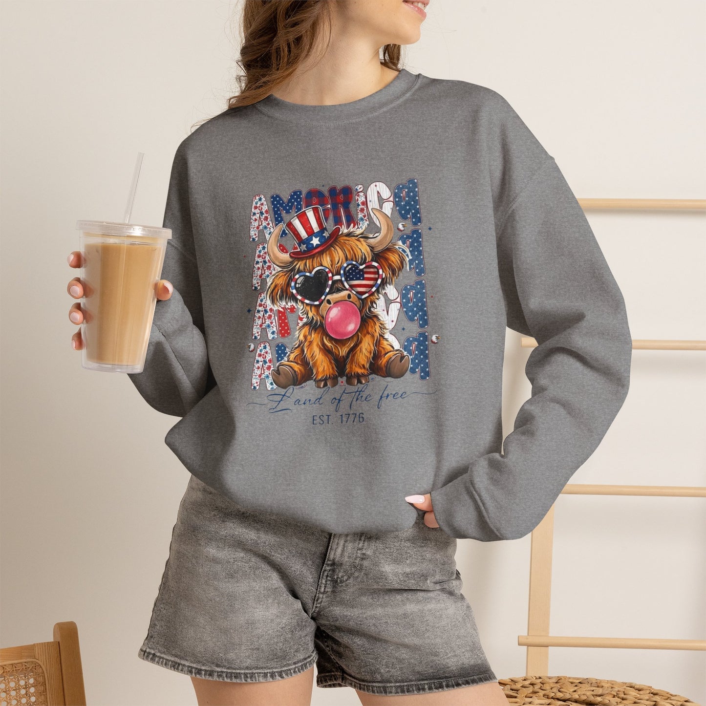 #250 American Flag Bubblegum Patriotic Highland Cow Sweatshirt
