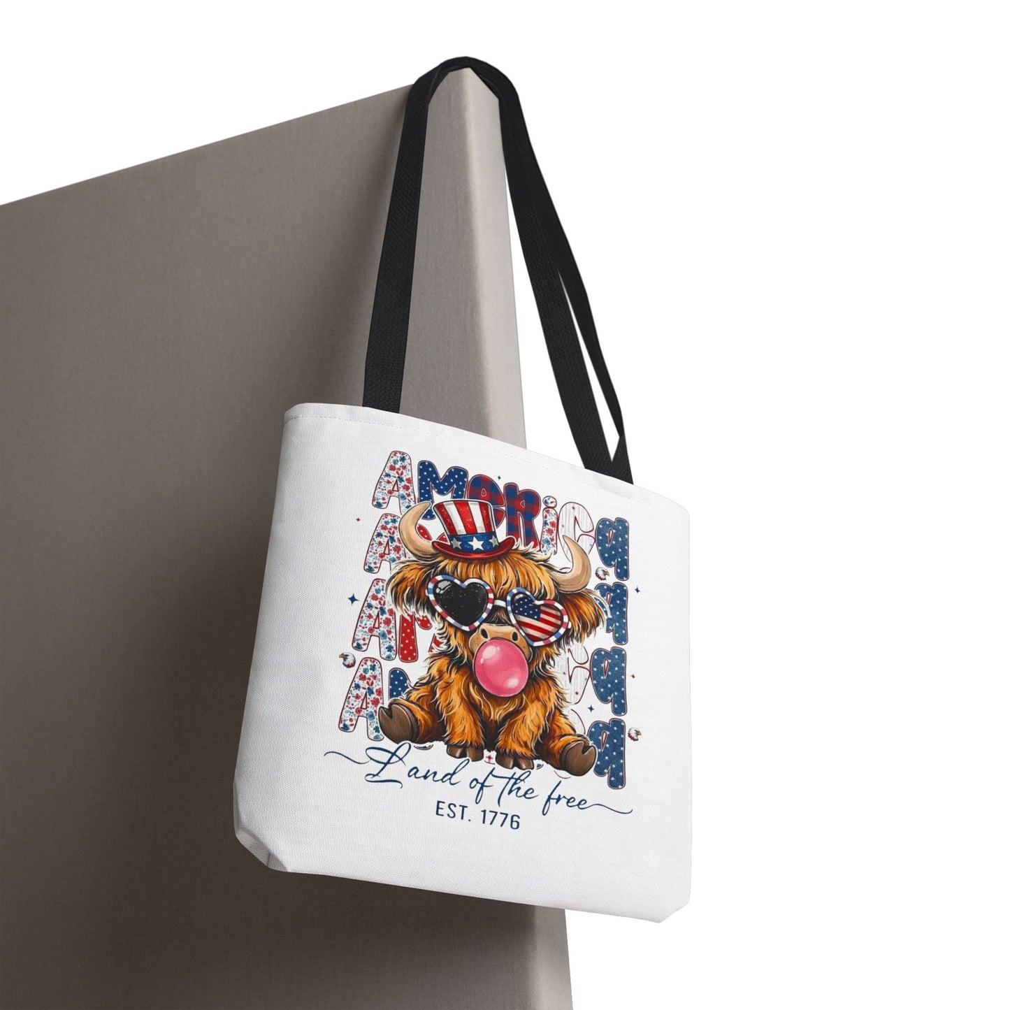 #250 American Flag Bubblegum Patriotic Highland Cow Tote Bag