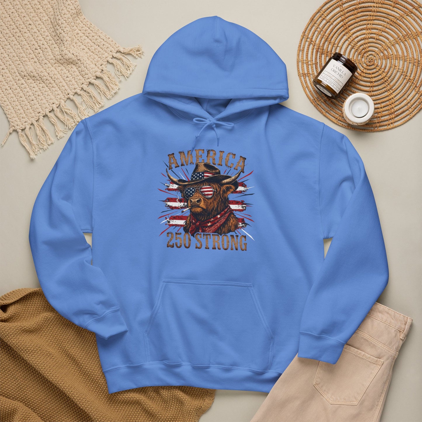 #250 America 250 Strong Patriotic Bull with American Flag Hoodie