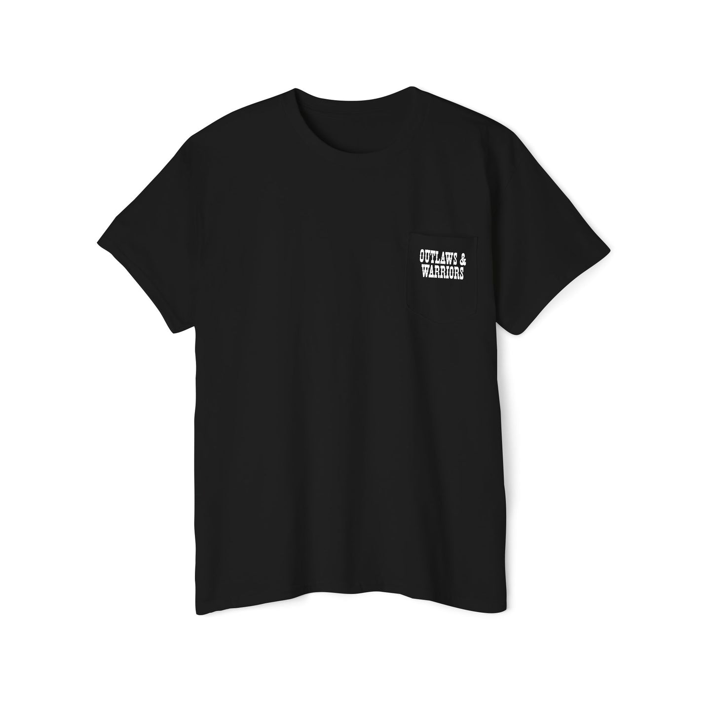 Outlaws & Warriors 100% Cotton Pocket T-Shirt — Minimal Pocket Logo with Graphic On Back