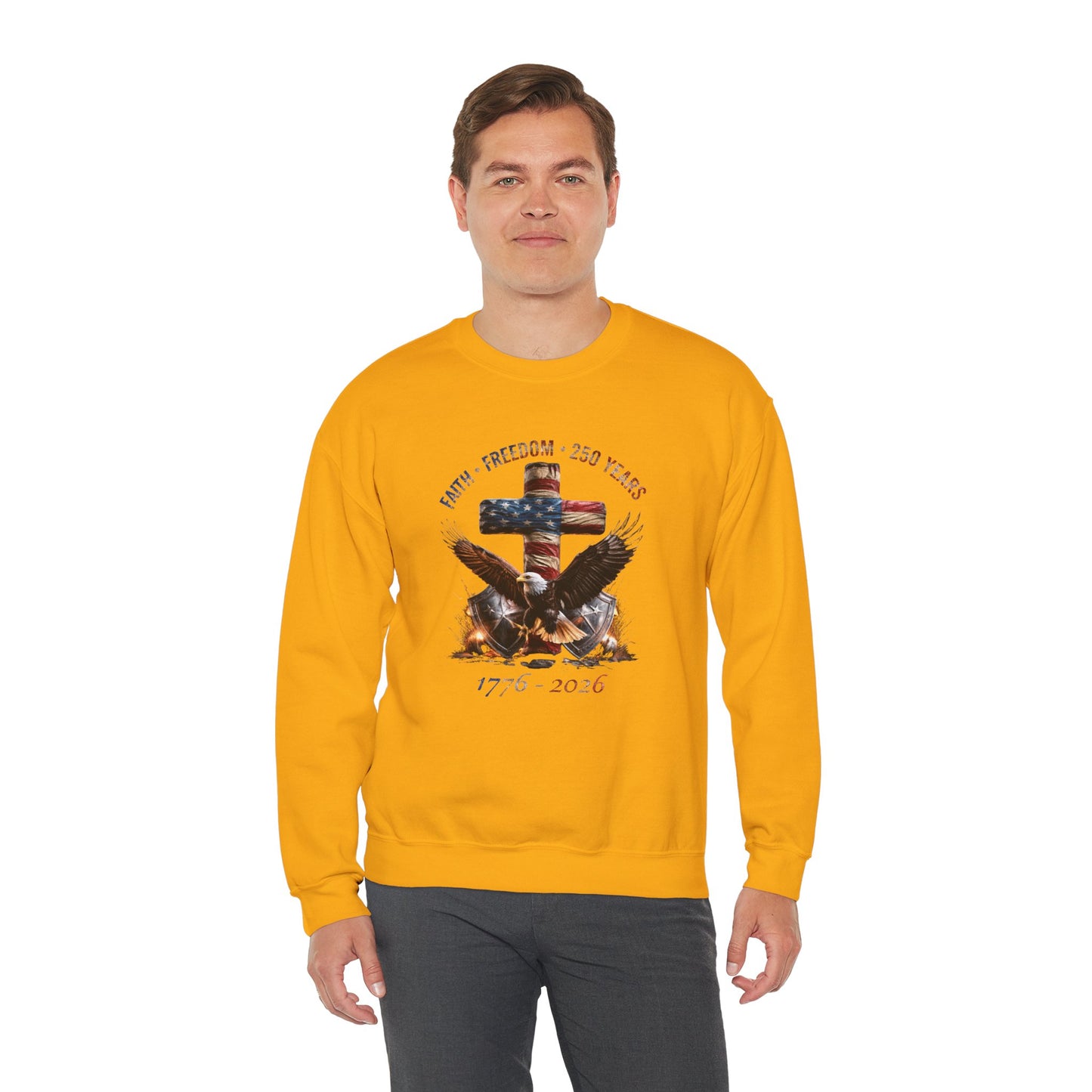 #250 Faith • Freedom 250 Years American Flag Cross & Eagle 1776-2026 Crewneck Sweatshirt