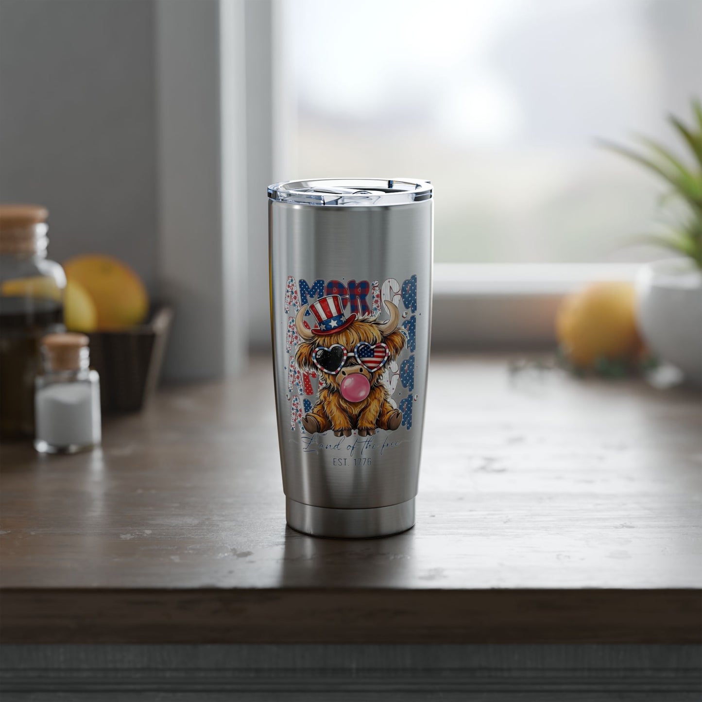 #250 American Flag Bubblegum Patriotic Highland Cow 20oz Stainless Travel Tumbler 'Vagabond'