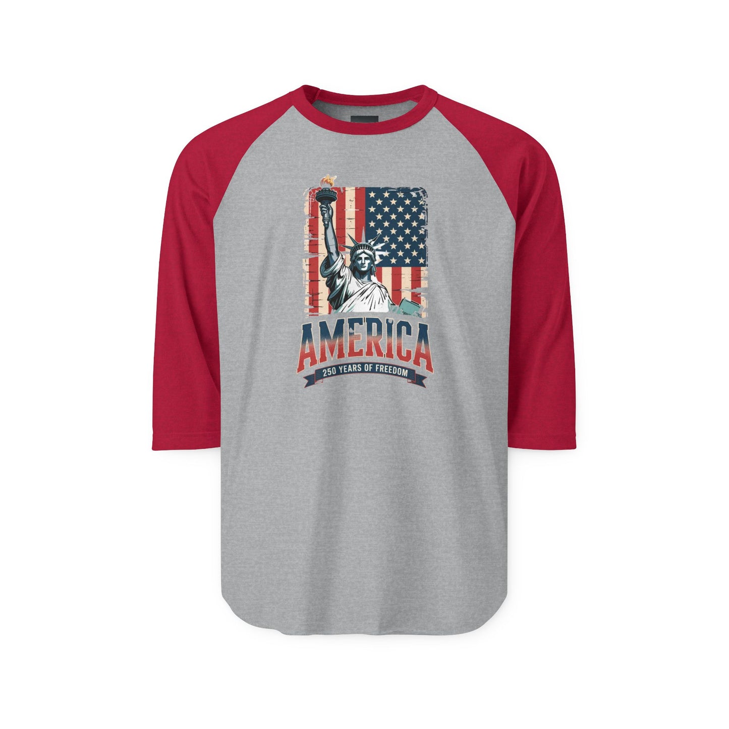 #250 Statue of Liberty American Flag 'America' Patriotic Independence Day Raglan Shirt Baseball Tee