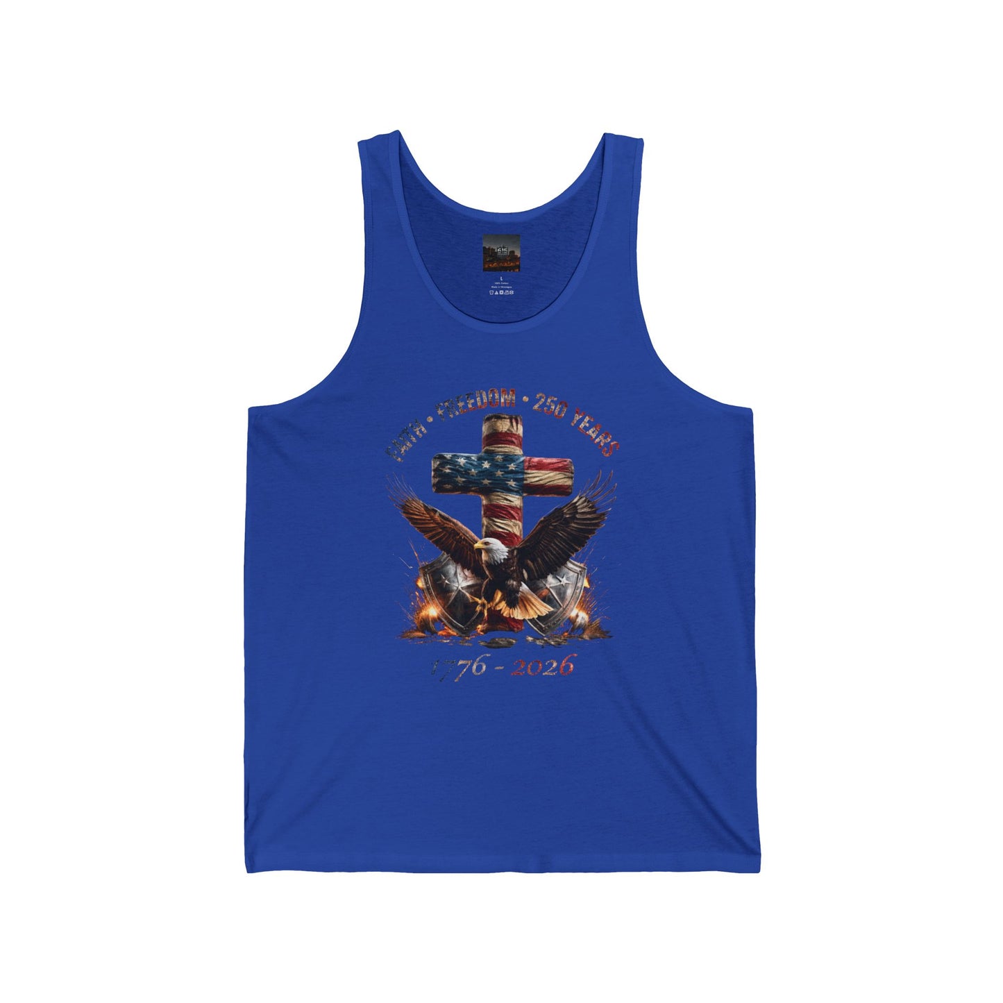 #250 Faith • Freedom 250 Years American Flag Cross & Eagle 1776-2026 Jersey Tank Top