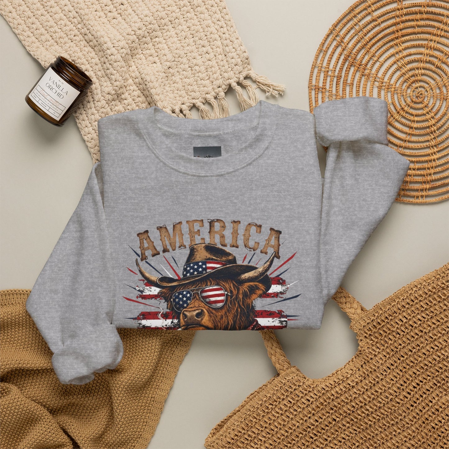 #250 America 250 Strong Patriotic Bull with American Flag Sweatshirt