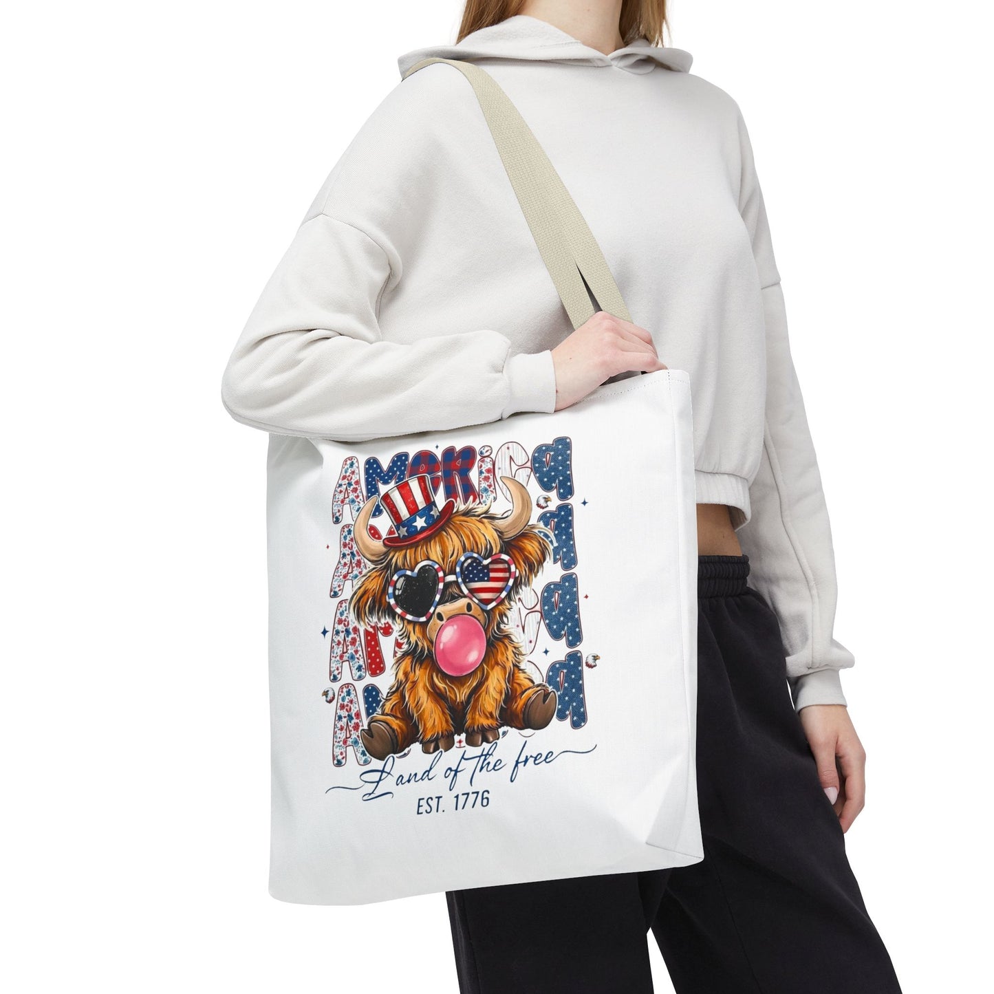 #250 American Flag Bubblegum Patriotic Highland Cow Tote Bag