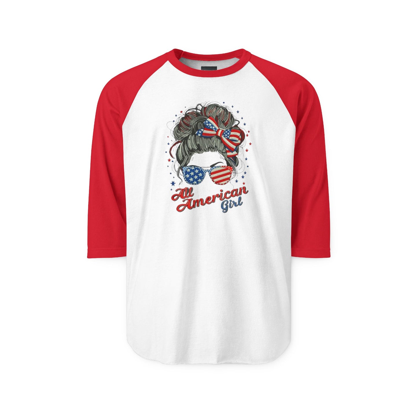 #250 "All American Girl" Patriotic Messy Bun Raglan 3/4 Sleeve Baseball Tee