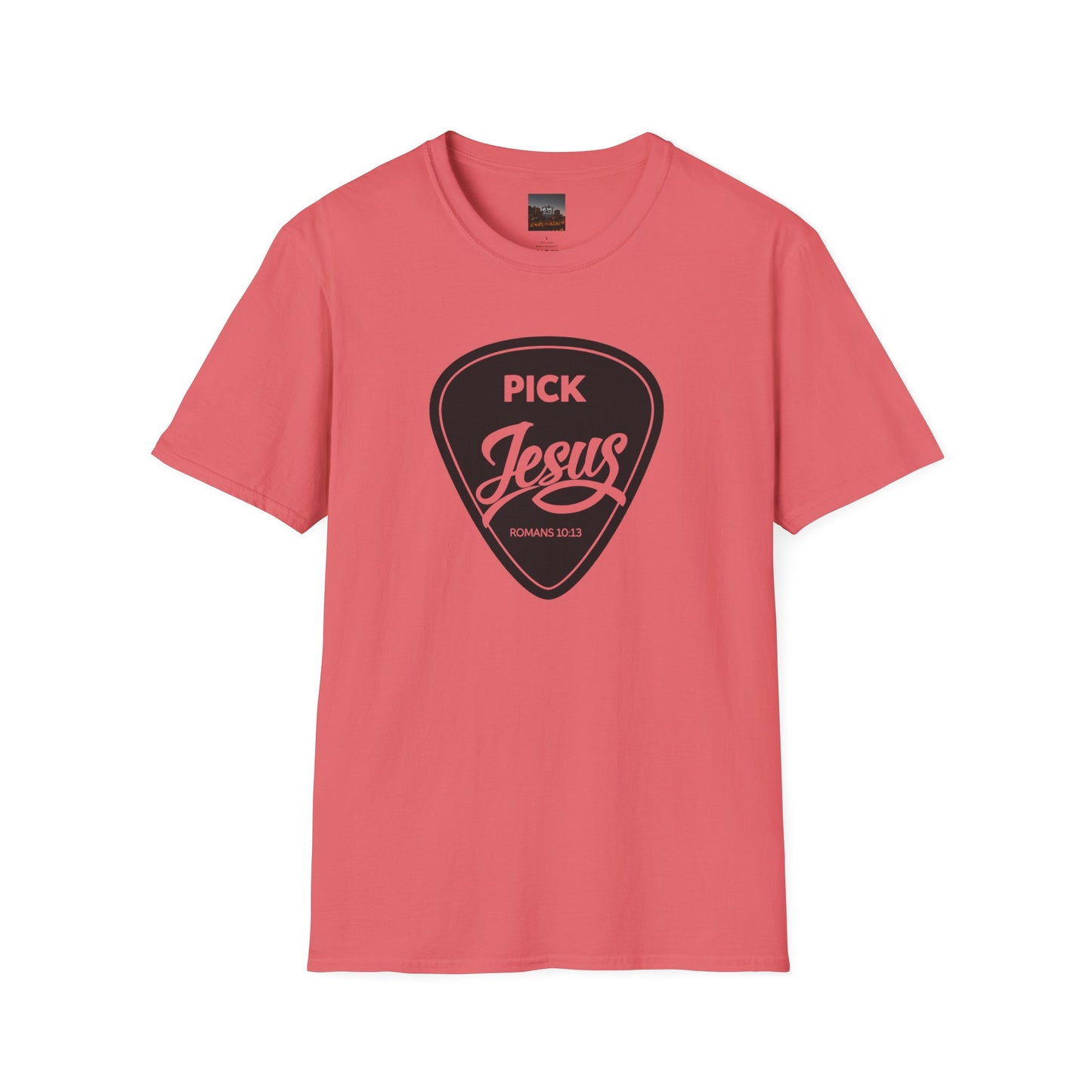 Pick Jesus T-Shirt — Christian Guitar Pick Design (Romans 10:13)