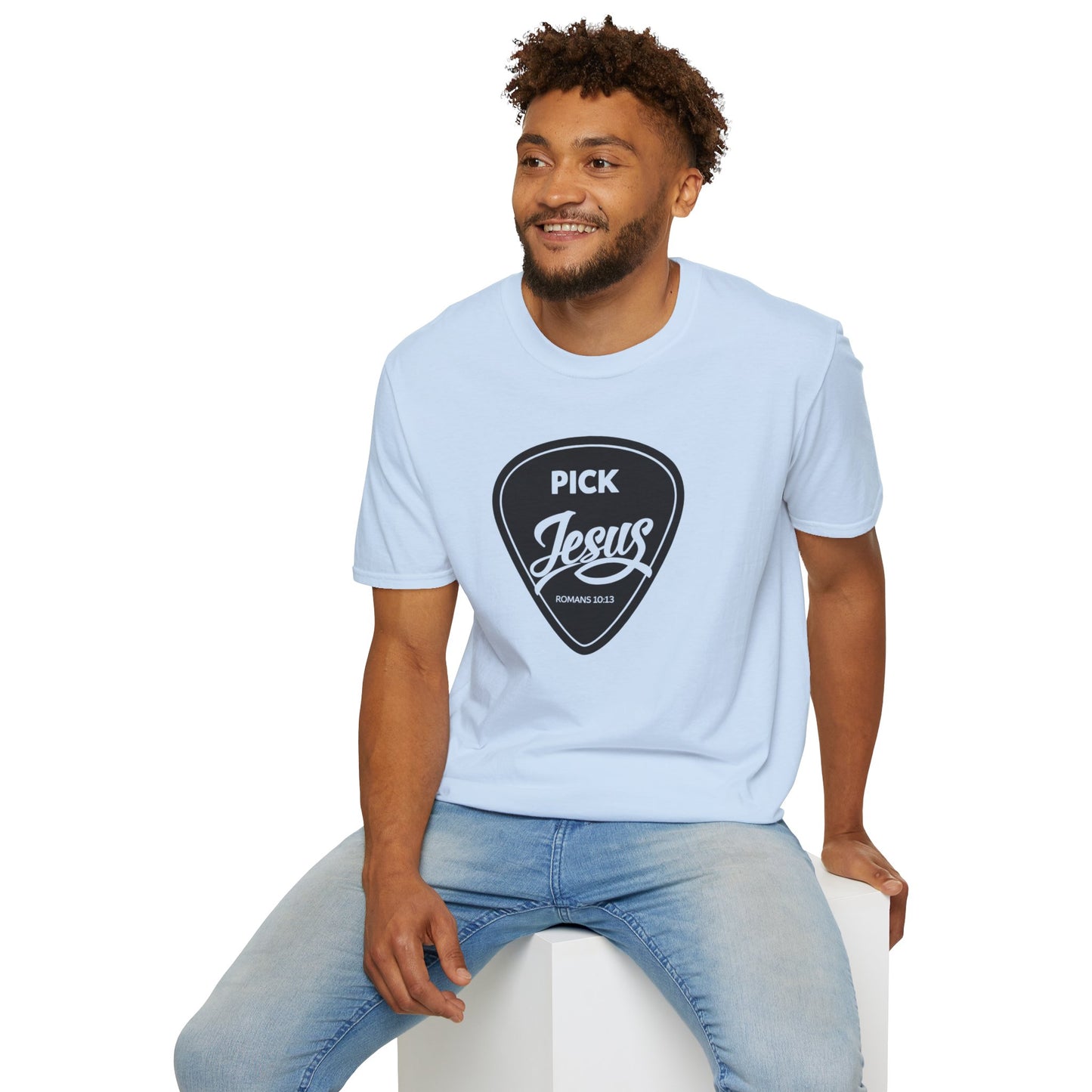 Pick Jesus T-Shirt — Christian Guitar Pick Design (Romans 10:13)