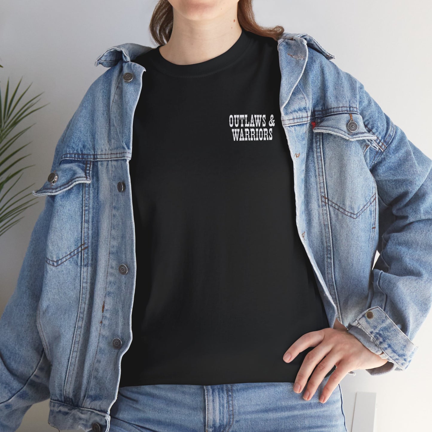Outlaws & Warriors 100% Cotton T-Shirt — Minimal Chest Logo with Graphic On Back
