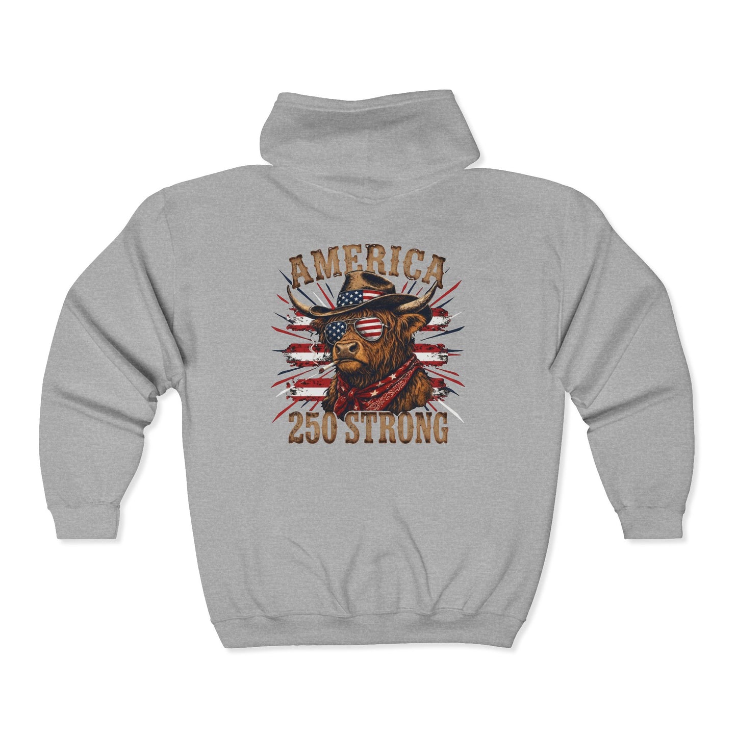 #250 America 250 Strong Patriotic Bull with American Flag Zip Hoodie