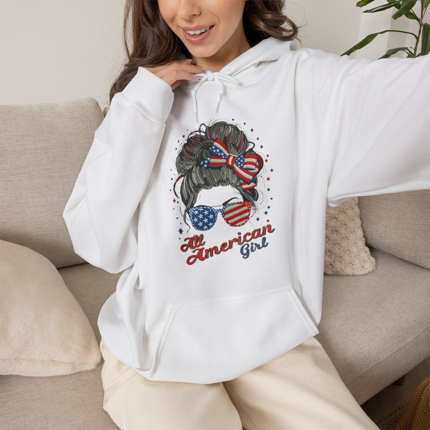 #250 "All American Girl" Patriotic Messy Bun Hoodie