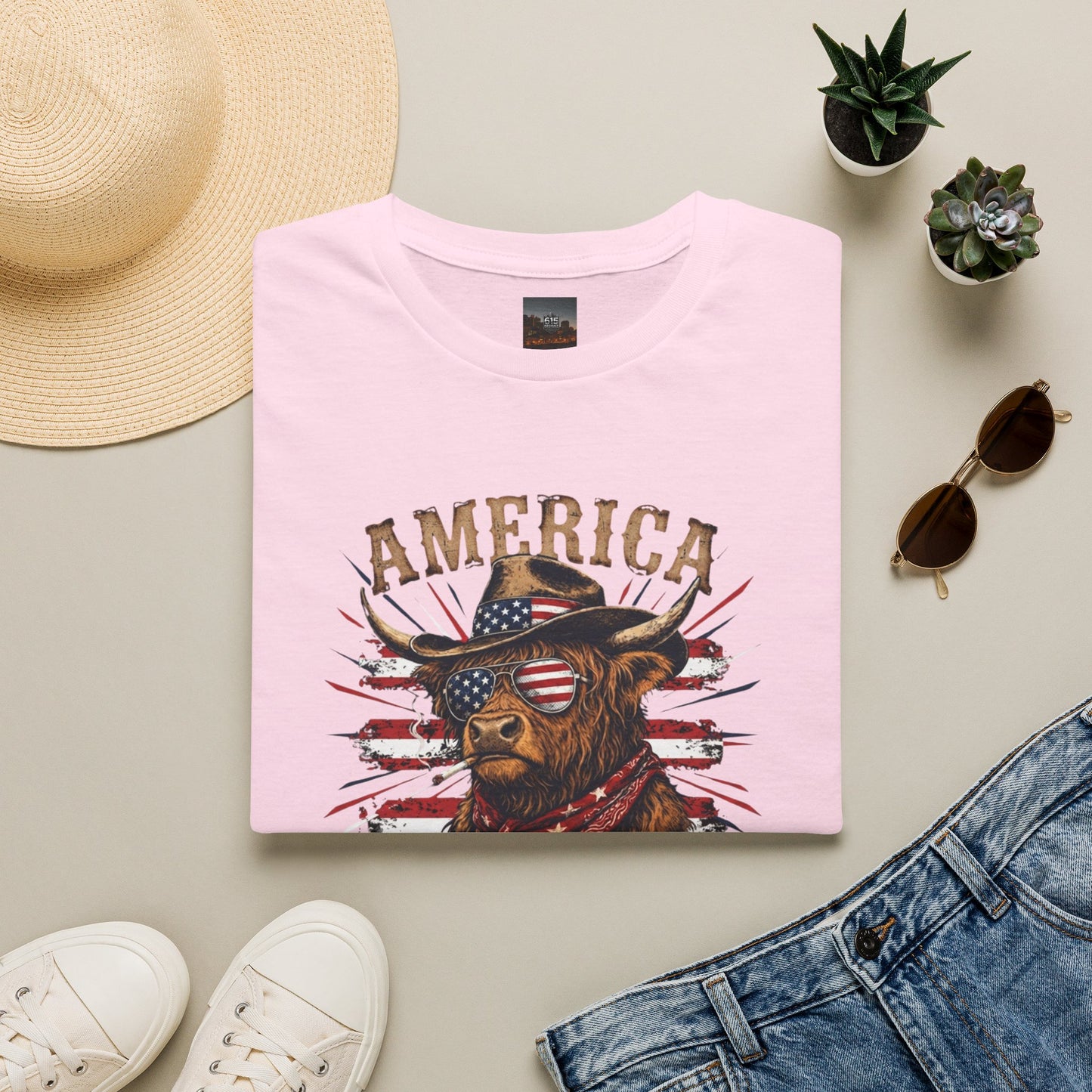 #250 America 250 Strong Patriotic Bull with American Flag T-Shirt