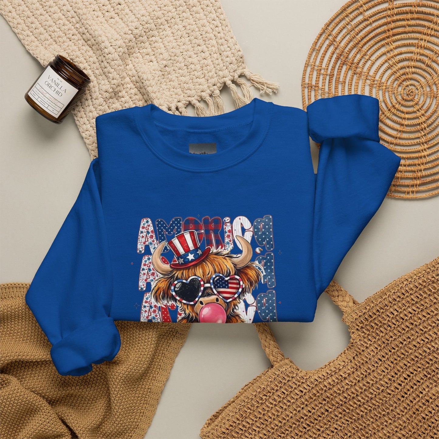 #250 American Flag Bubblegum Patriotic Highland Cow Sweatshirt