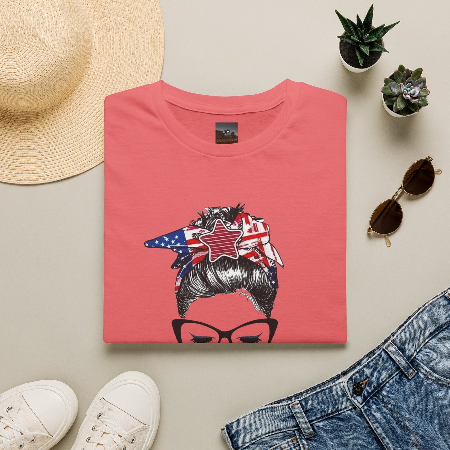 Mama USA Flag Messy Bun T-Shirt