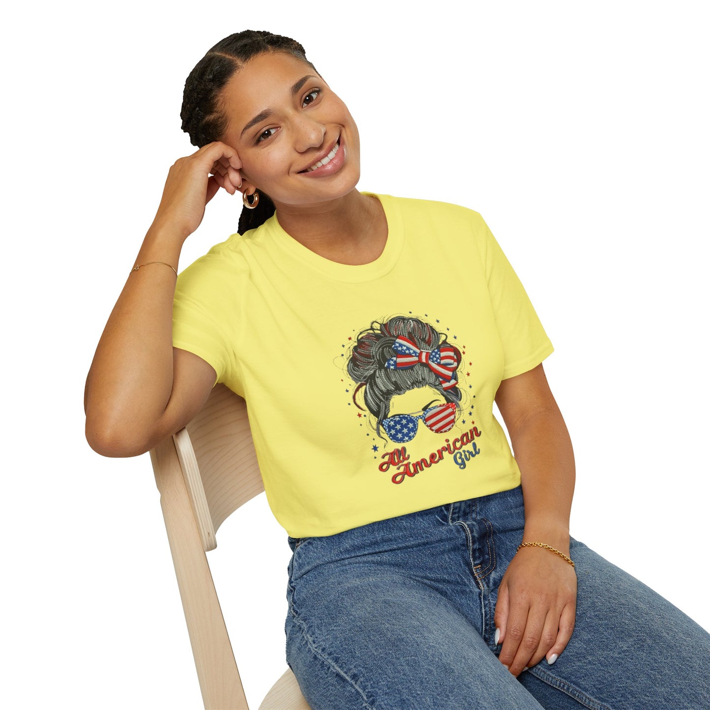 #250 "All American Girl" Patriotic Messy Bun T-Shirt
