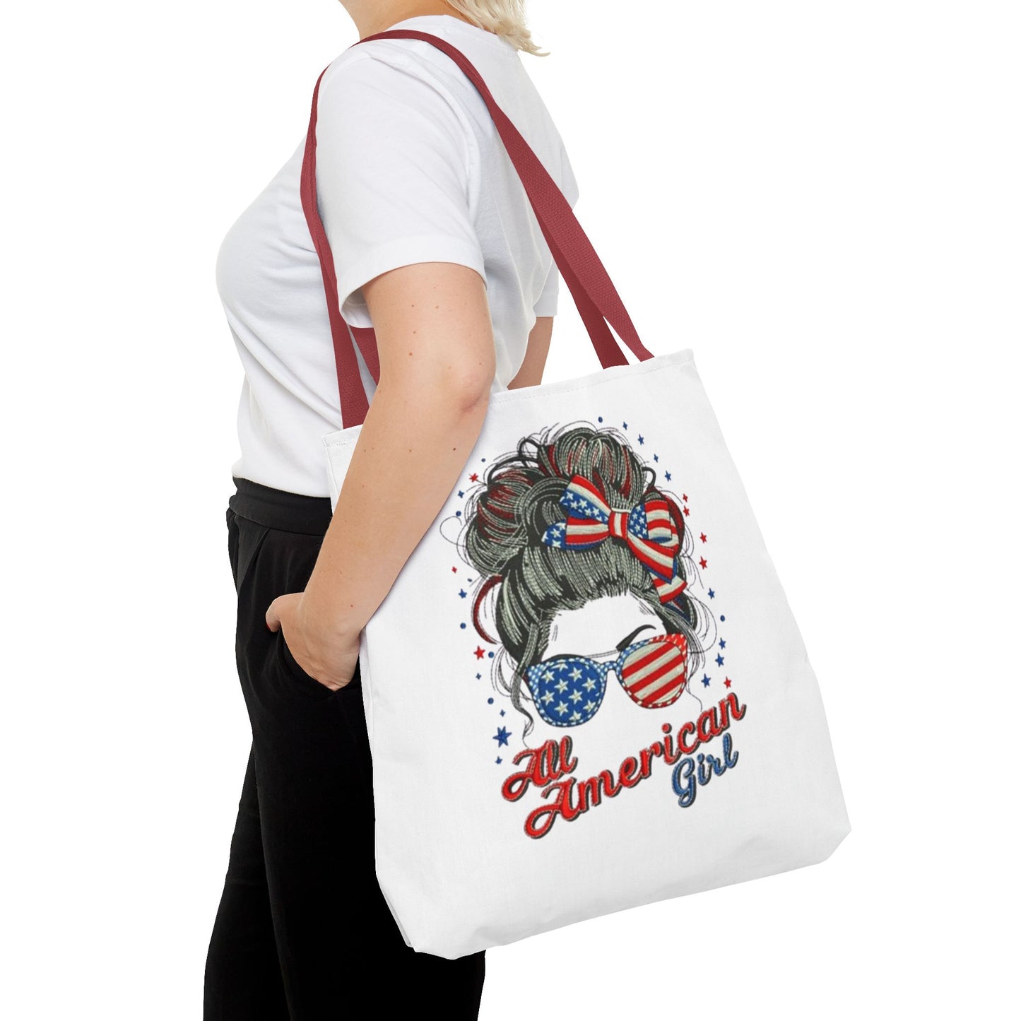 #250 "All American Girl" Patriotic Messy Bun Tote Bag