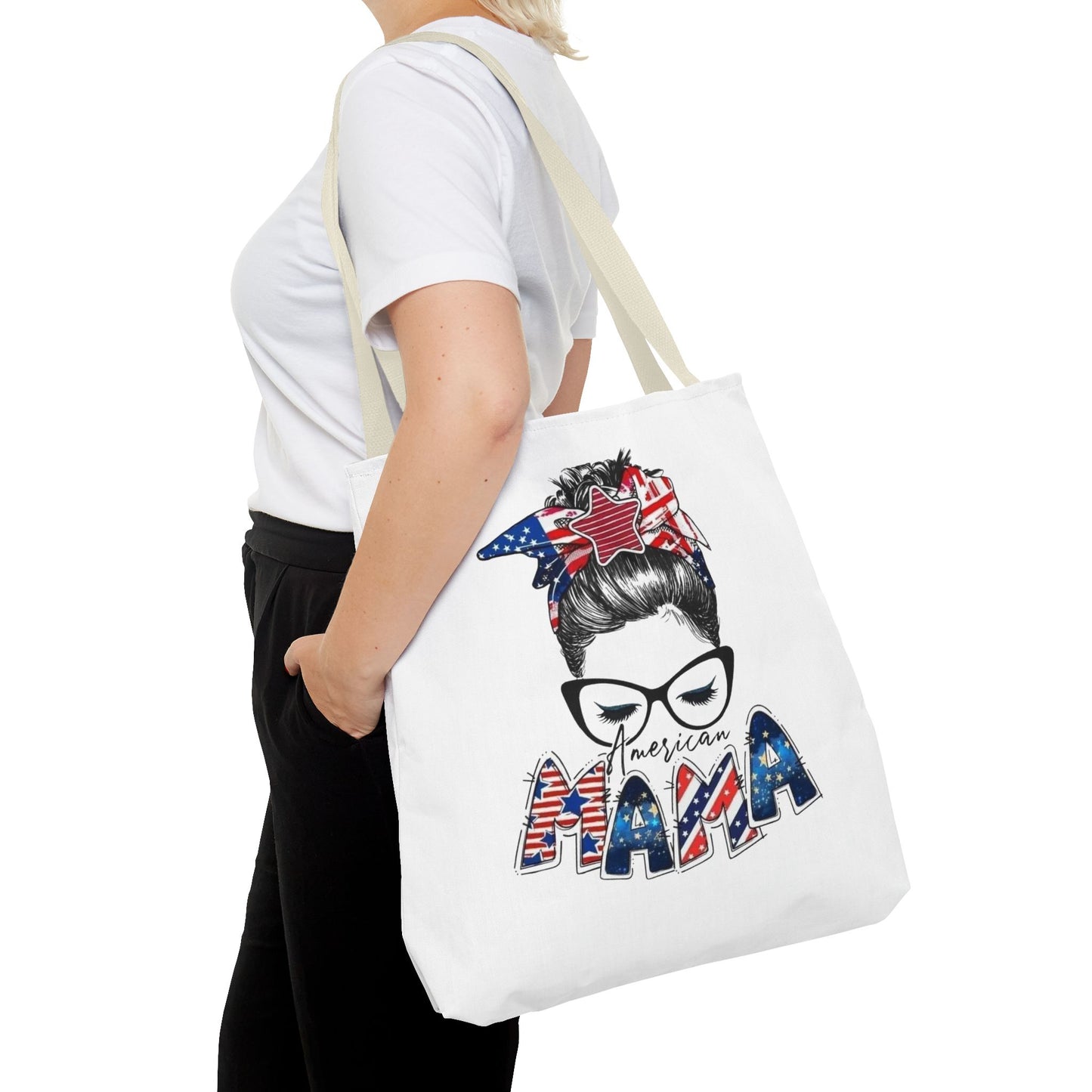 #250 Mama USA Flag Messy Bun Tote Bag