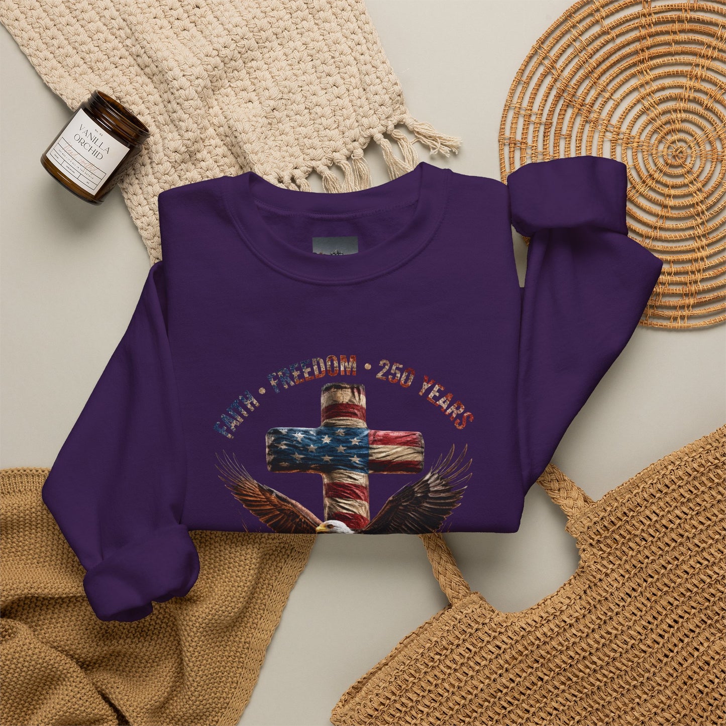 #250 Faith • Freedom 250 Years American Flag Cross & Eagle 1776-2026 Crewneck Sweatshirt