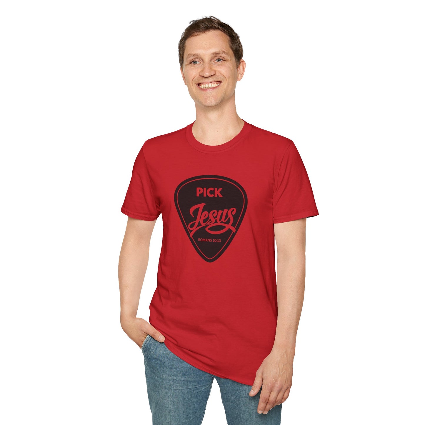 Pick Jesus T-Shirt — Christian Guitar Pick Design (Romans 10:13)