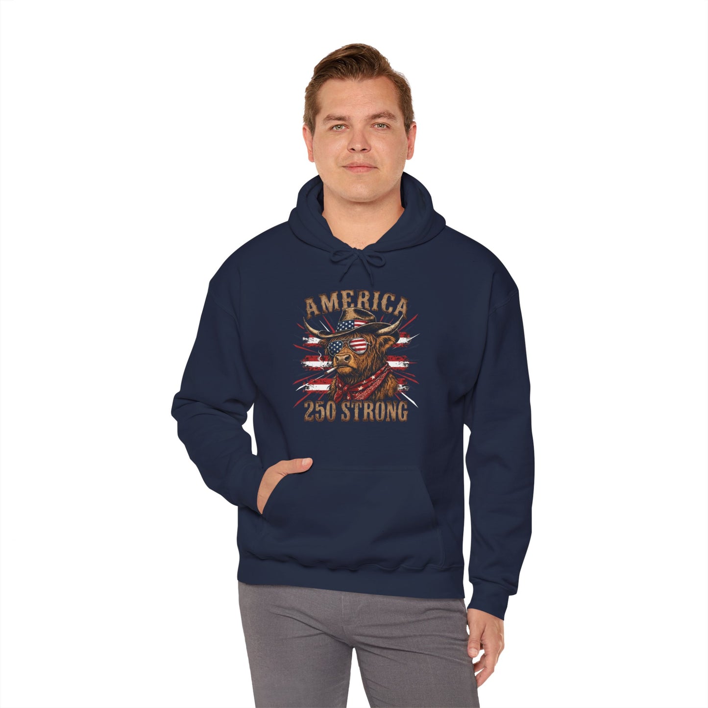 #250 America 250 Strong Patriotic Bull with American Flag Hoodie