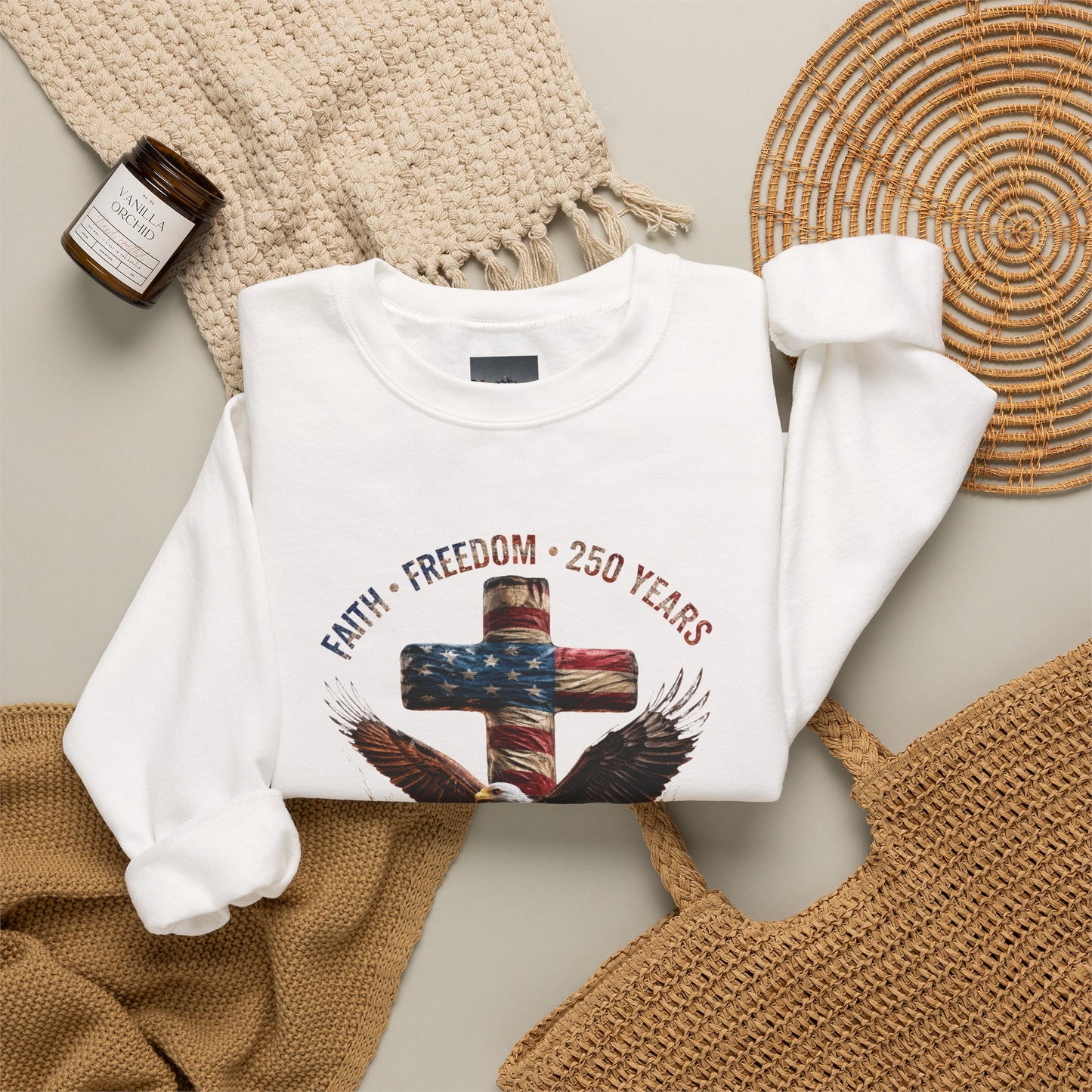 #250 Faith • Freedom 250 Years American Flag Cross & Eagle 1776-2026 Crewneck Sweatshirt