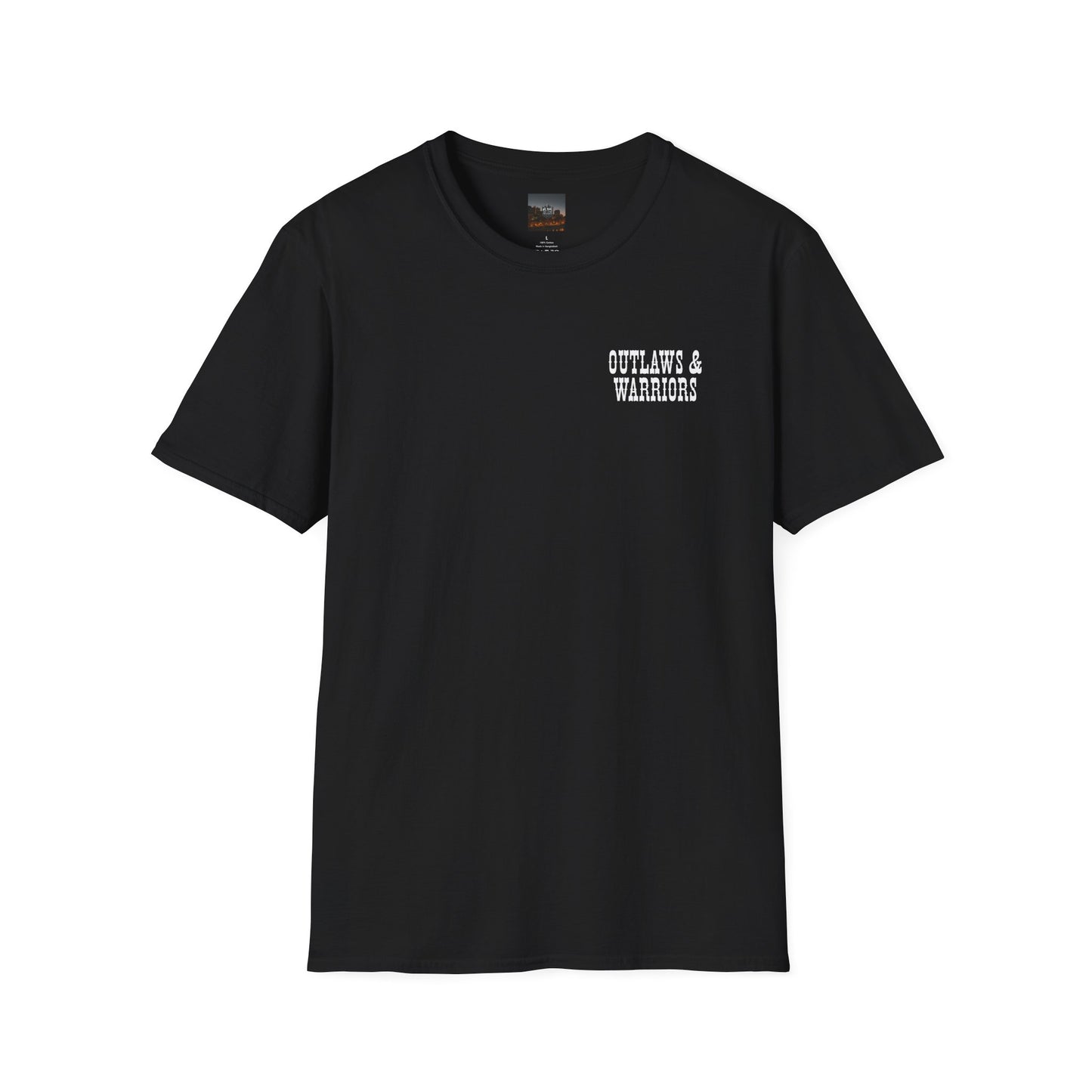 Outlaws & Warriors 100% Cotton SoftStyle T-Shirt — Minimal Chest Logo with Graphic On Back