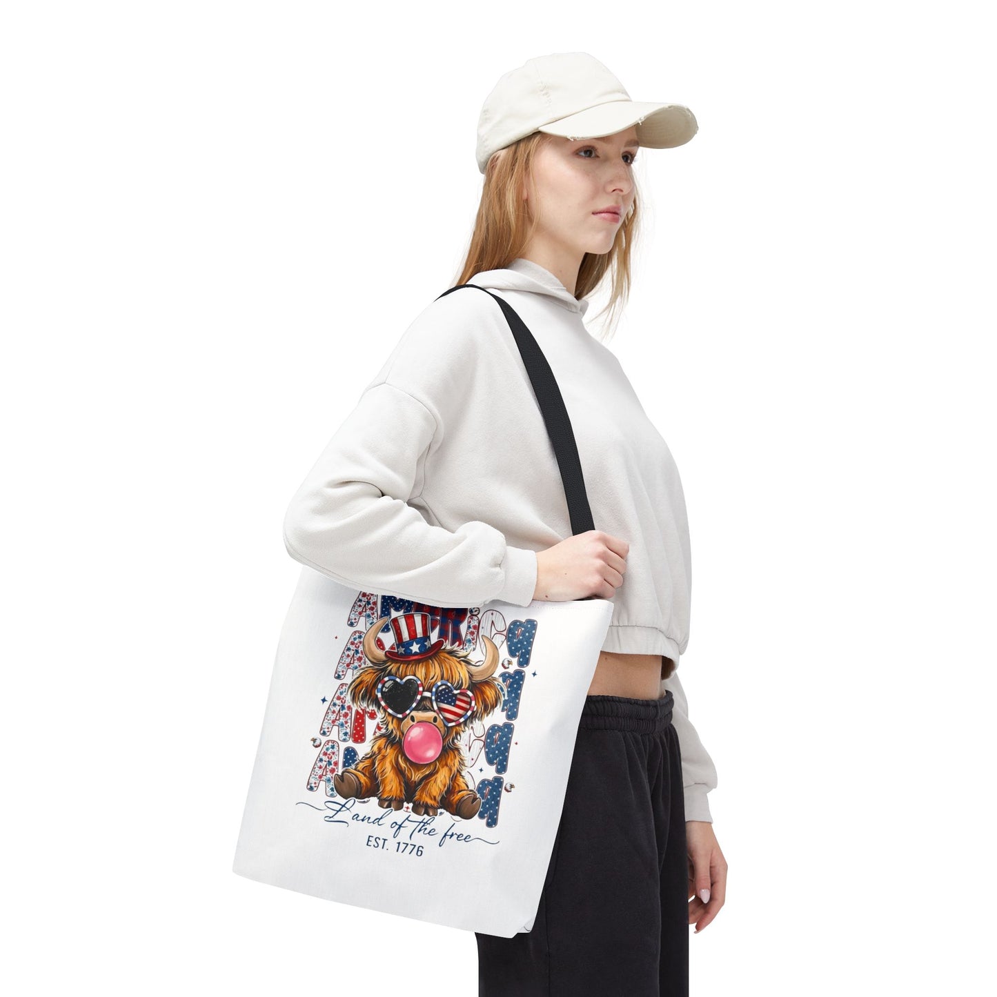 #250 American Flag Bubblegum Patriotic Highland Cow Tote Bag