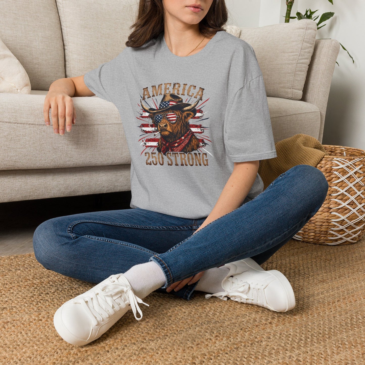 #250 America 250 Strong Patriotic Bull with American Flag T-Shirt
