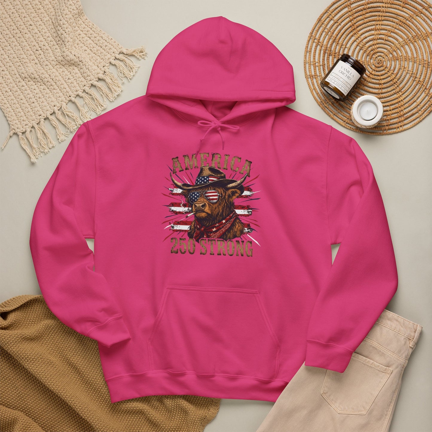 #250 America 250 Strong Patriotic Bull with American Flag Hoodie