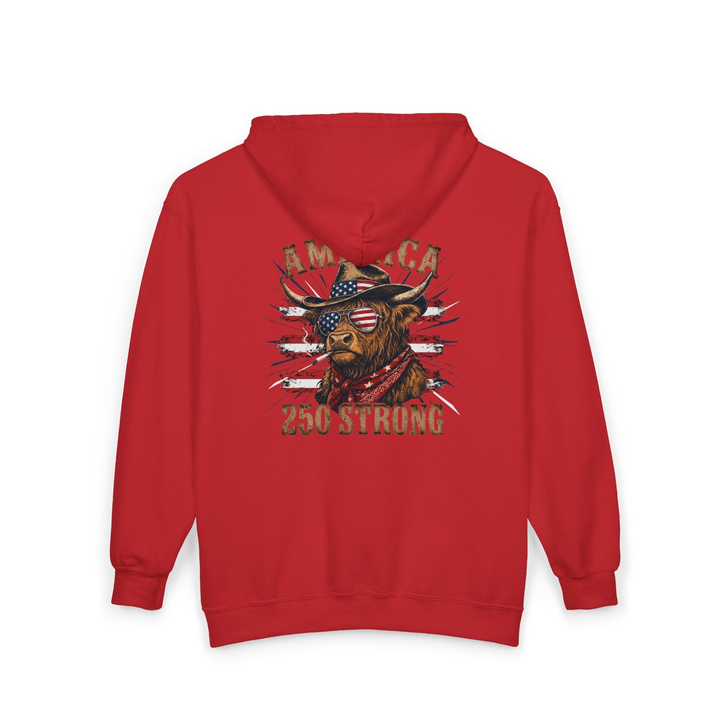 #250 America 250 Strong Patriotic Bull with American Flag Zip Hoodie
