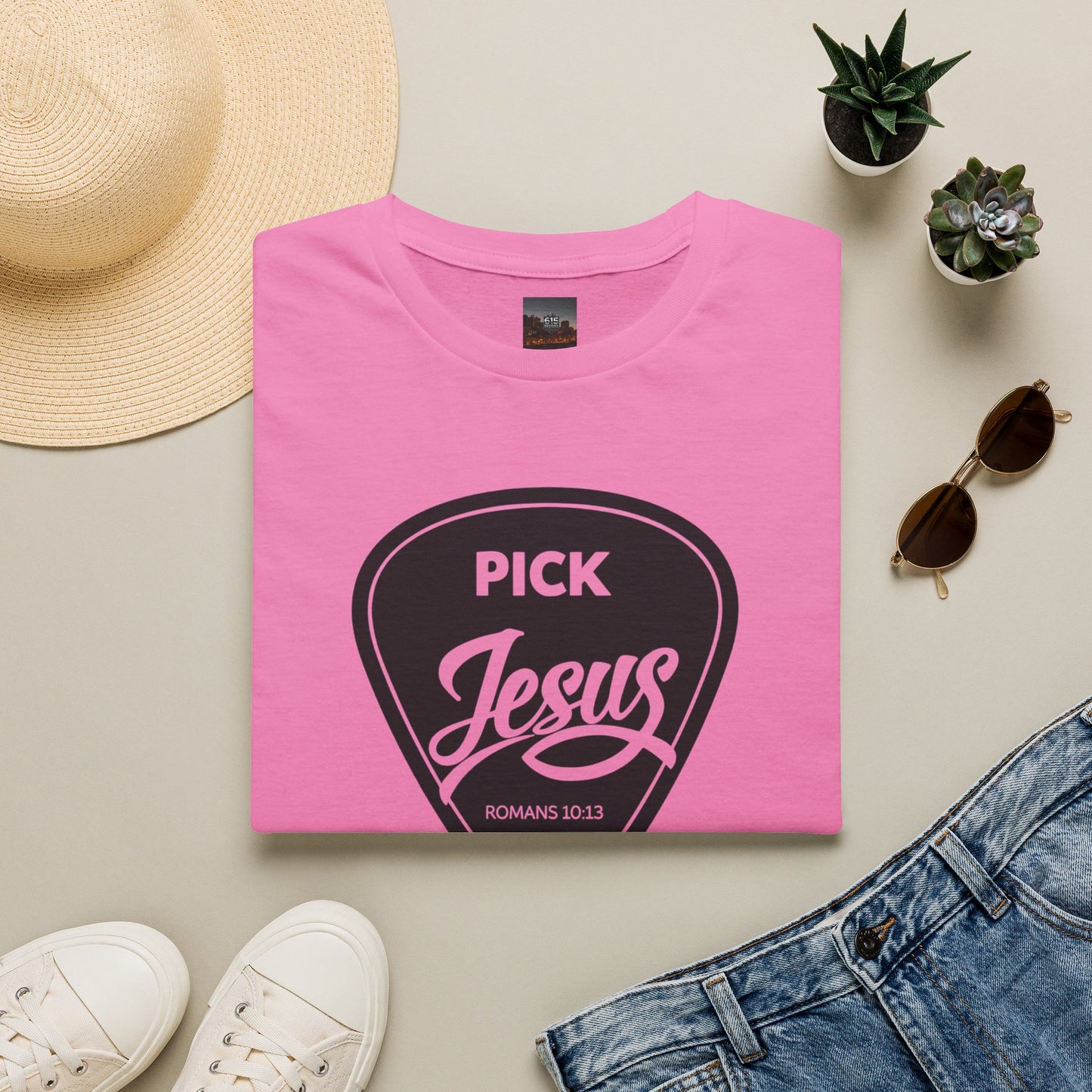 Pick Jesus T-Shirt — Christian Guitar Pick Design (Romans 10:13)