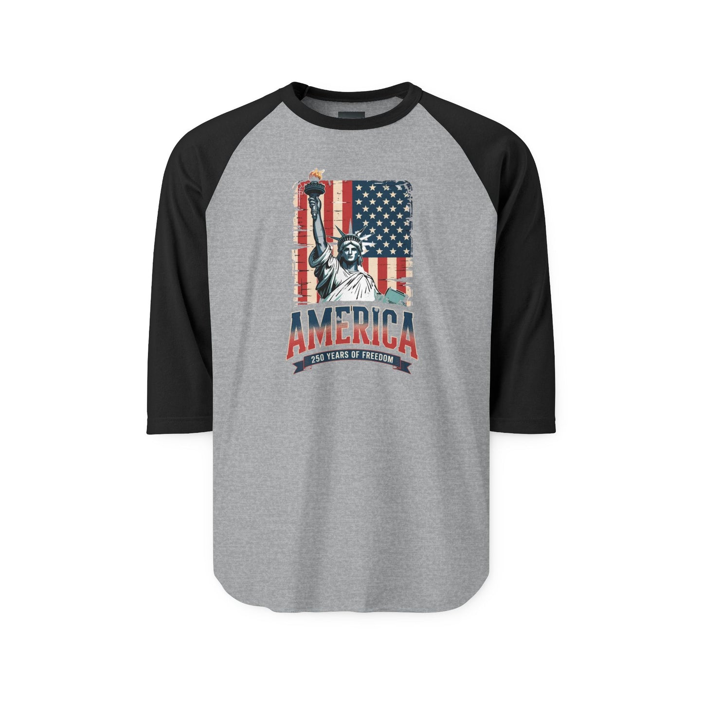 #250 Statue of Liberty American Flag 'America' Patriotic Independence Day Raglan Shirt Baseball Tee
