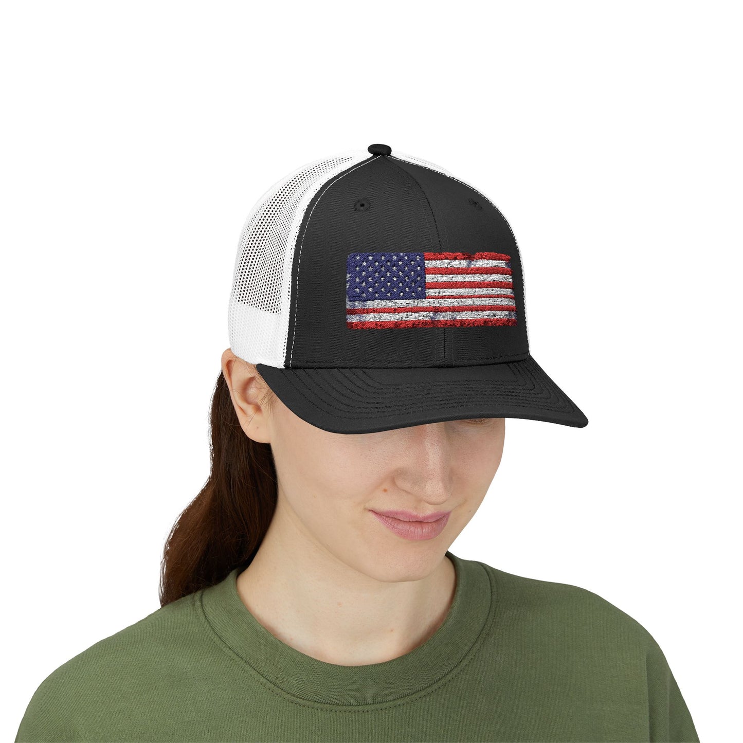 #250 Distressed American Flag Snapback Trucker Cap