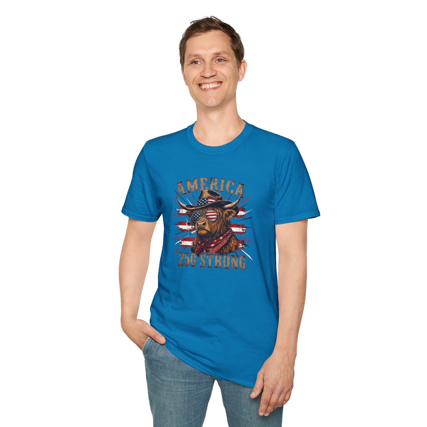 #250 America 250 Strong Patriotic Bull with American Flag T-Shirt