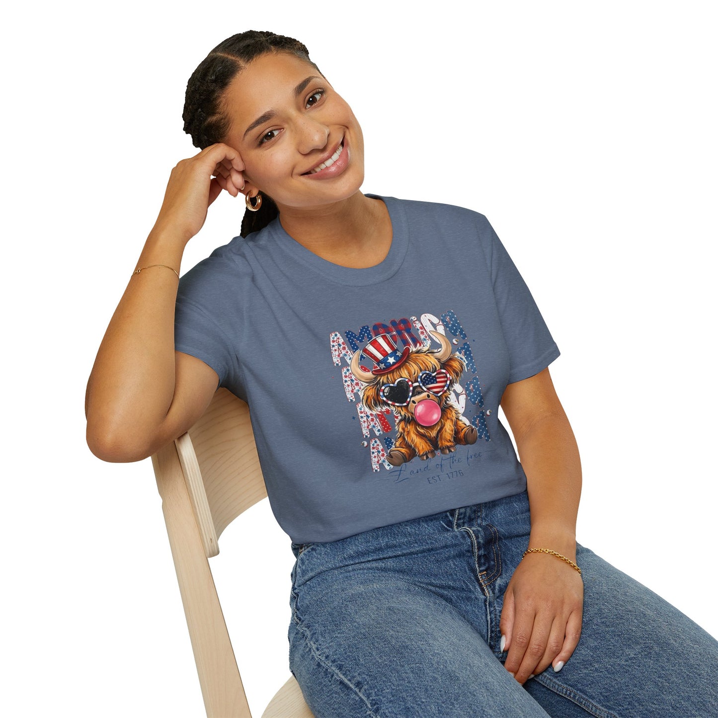 #250 American Flag Bubblegum Patriotic Highland Cow T-Shirt