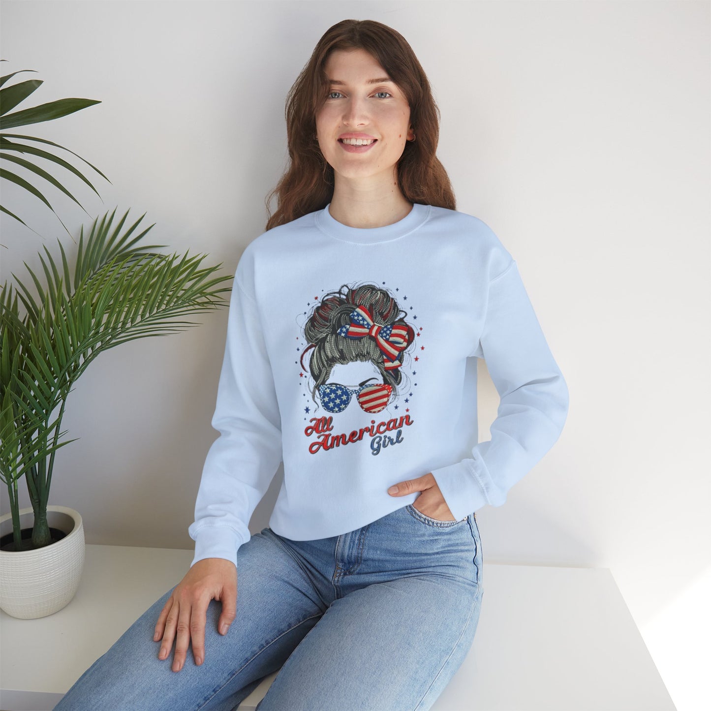 #250 "All American Girl" Patriotic Messy Bun Sweatshirt