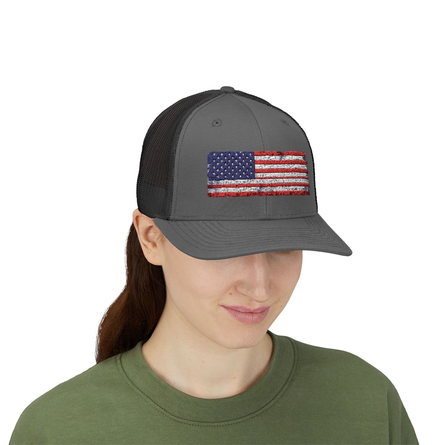 #250 Distressed American Flag Snapback Trucker Cap