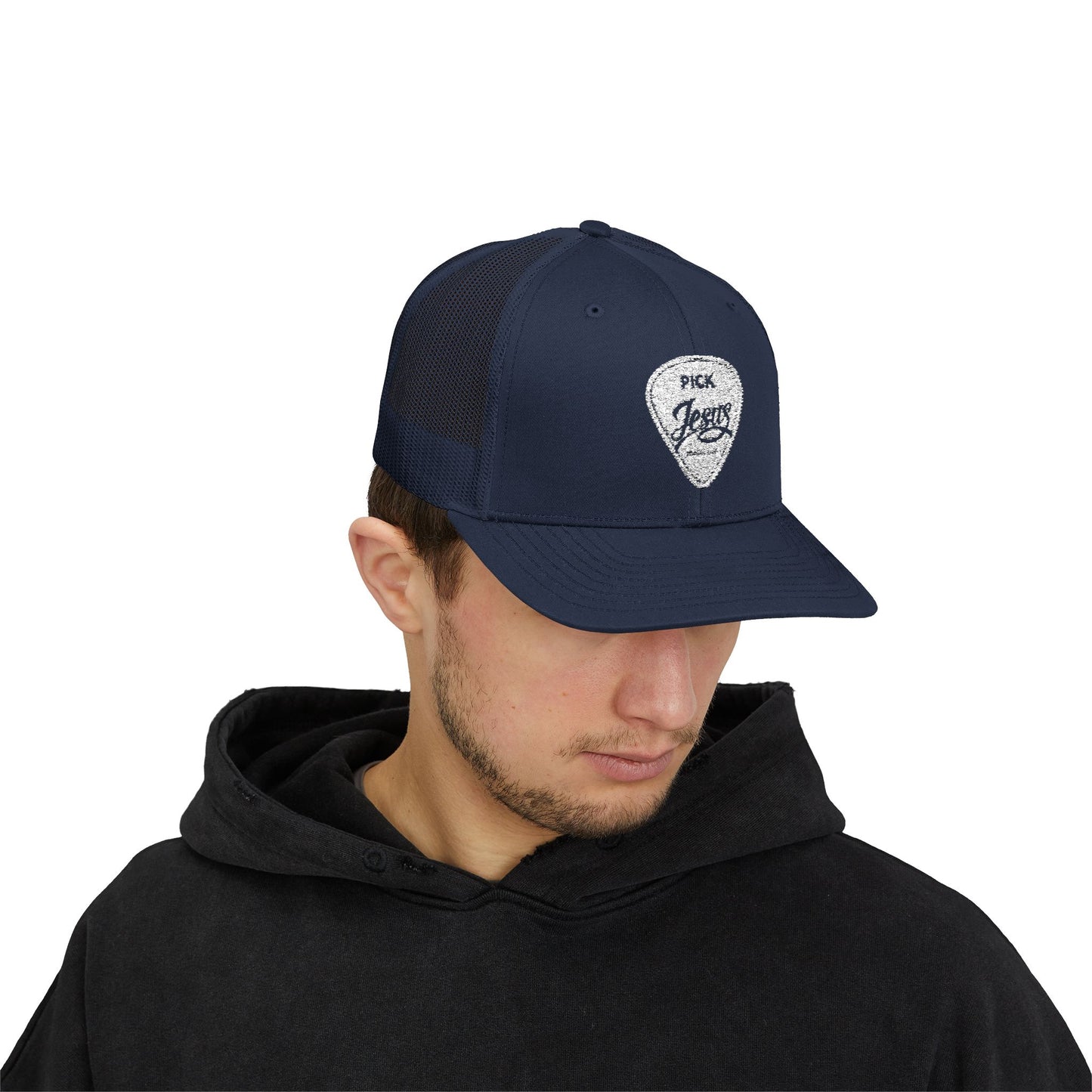 Pick Jesus Guitar Pick Snapback Trucker Cap Christian Guitar Pick Design (Romans 10:13)