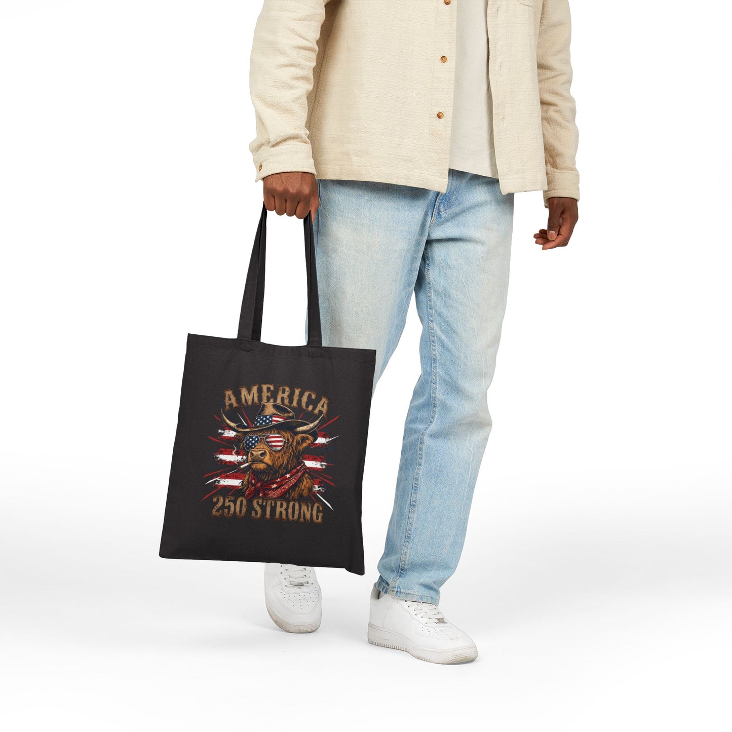 #250 America 250 Strong Patriotic Bull with American Flag Canvas Tote Bag