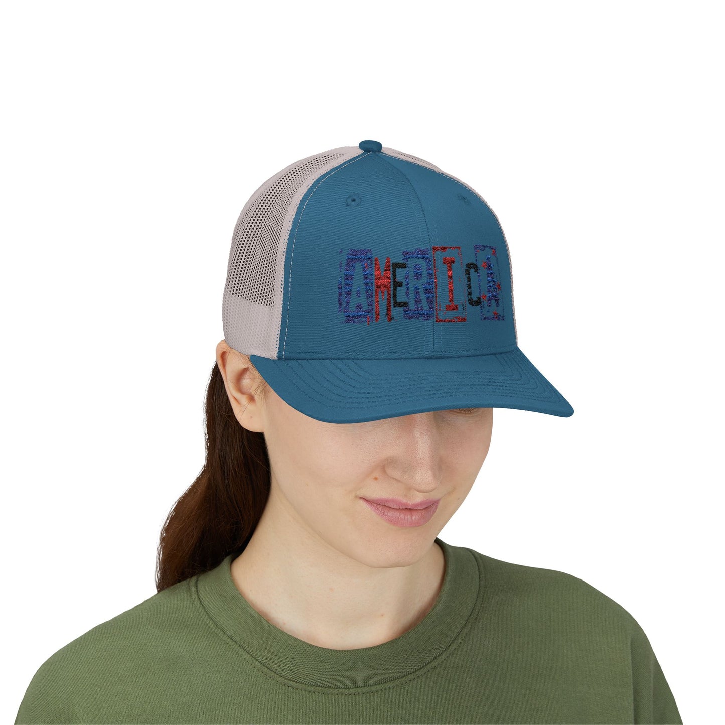 #250 America Retro Block Text Patriotic Snapback Trucker Cap