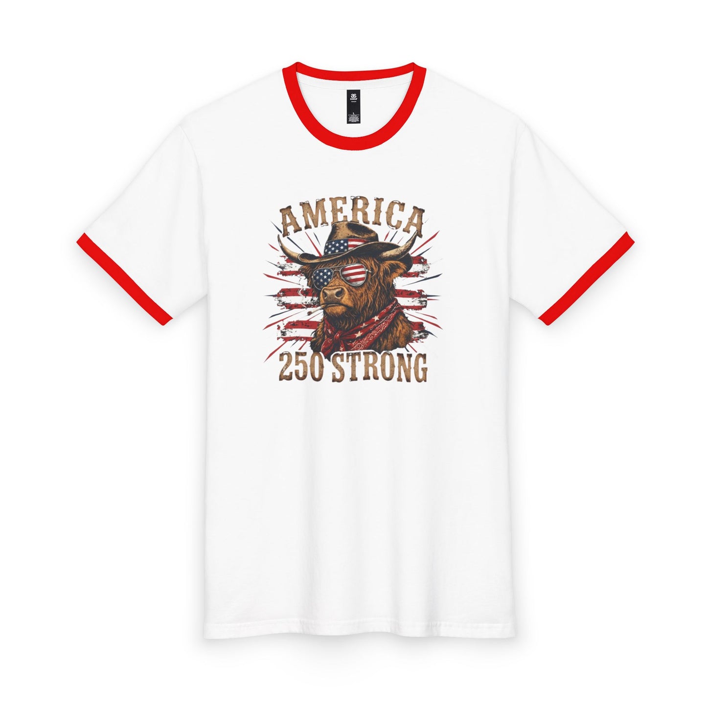 #250 America 250 Strong Patriotic Bull with American Flag Ringer Tee