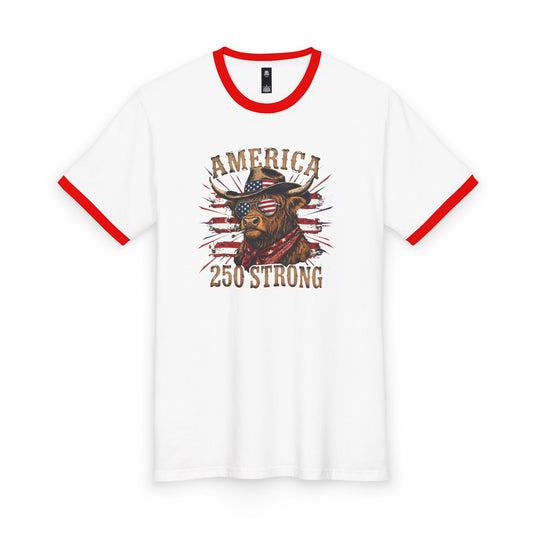 #250 America 250 Strong Patriotic Bull with American Flag Ringer Tee