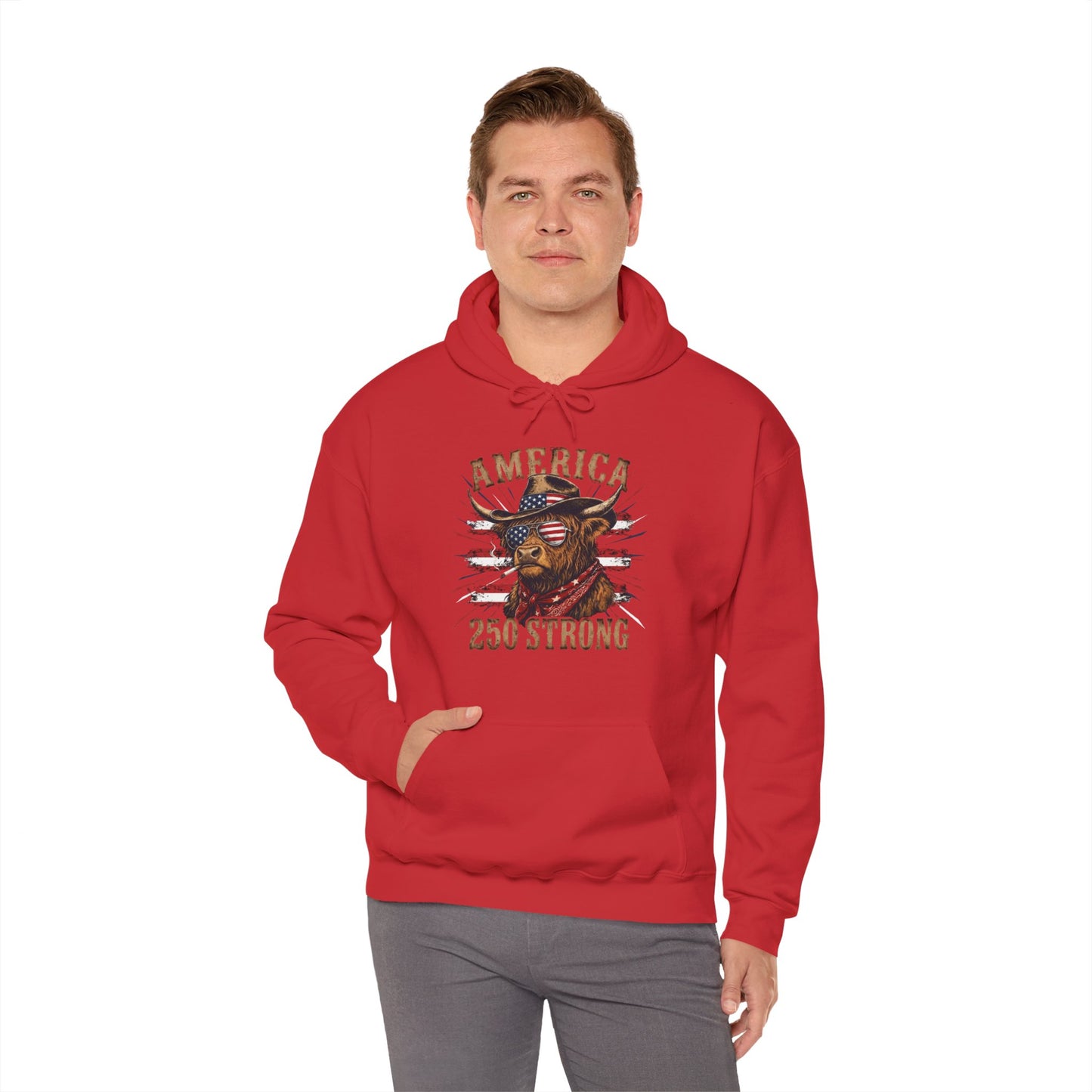 #250 America 250 Strong Patriotic Bull with American Flag Hoodie