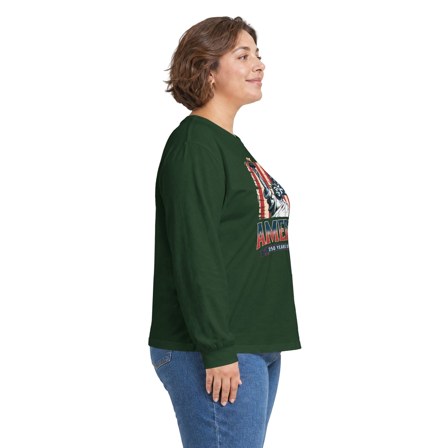 #250 Statue of Liberty American Flag 'America' Patriotic Independence Day Long Sleeve Tee