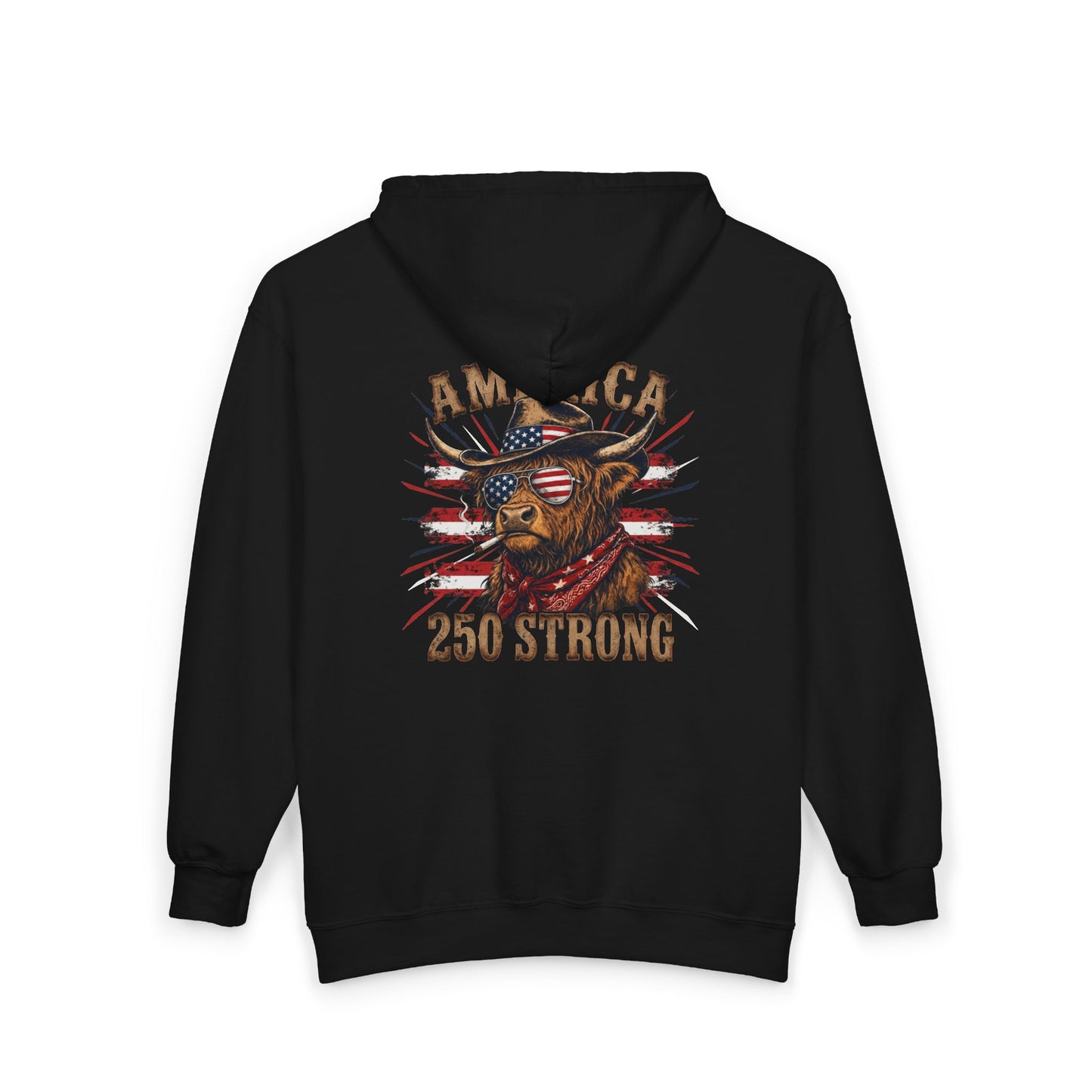 #250 America 250 Strong Patriotic Bull with American Flag Zip Hoodie