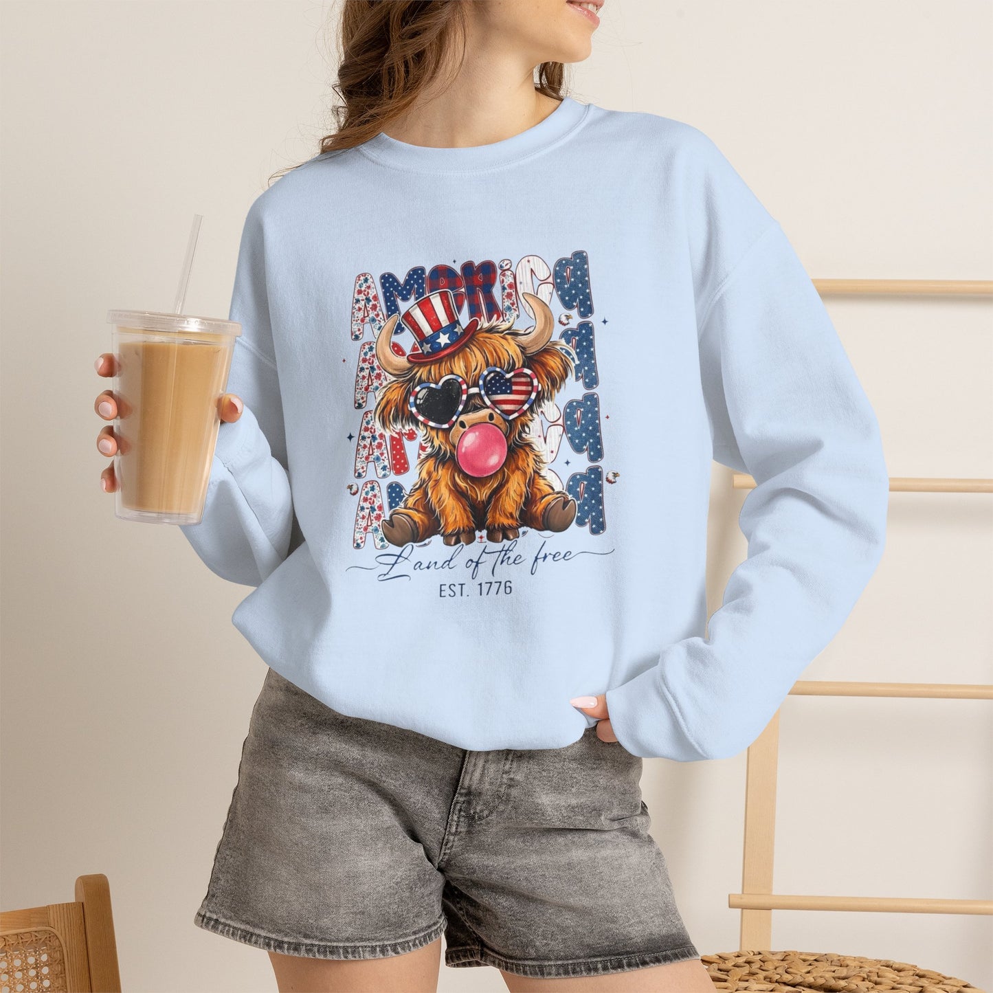 #250 American Flag Bubblegum Patriotic Highland Cow Sweatshirt