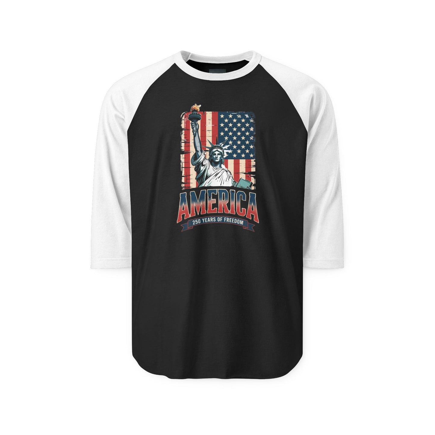 #250 Statue of Liberty American Flag 'America' Patriotic Independence Day Raglan Shirt Baseball Tee