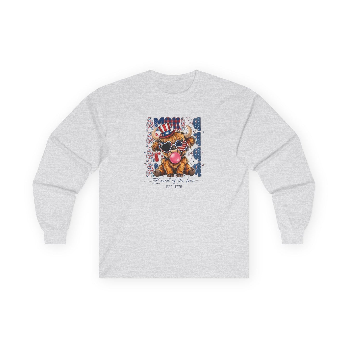 #250 American Flag Bubblegum Patriotic Highland Cow Long Sleeve Tee